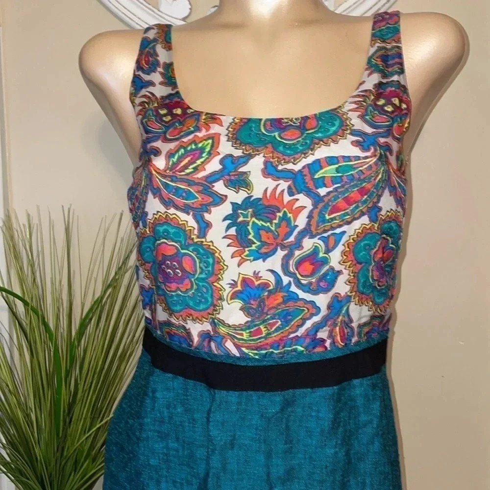 Rachel Roy women’s dress 6 small tank cutout tie back linen floral tie back teal - Picture 2 of 10